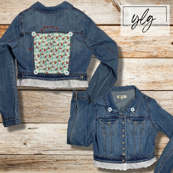 Denim Jacket Ladybug Red Blue Trucker Flower Applique Eyelet Trim Jean Junior L - Picture 1 of 16